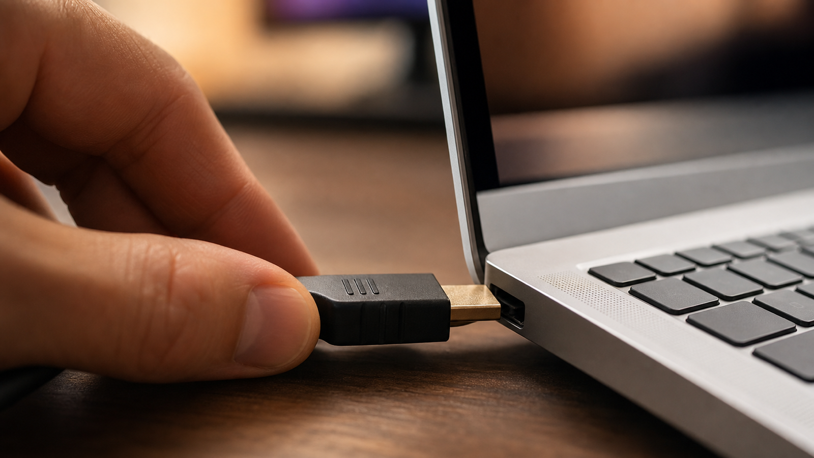 맥북 프로 옆면 HDMI 포트에 케이블을 연결하는 손과 뒤로 흐릿하게 보이는 외부 모니터 디스플레이 설정 화면