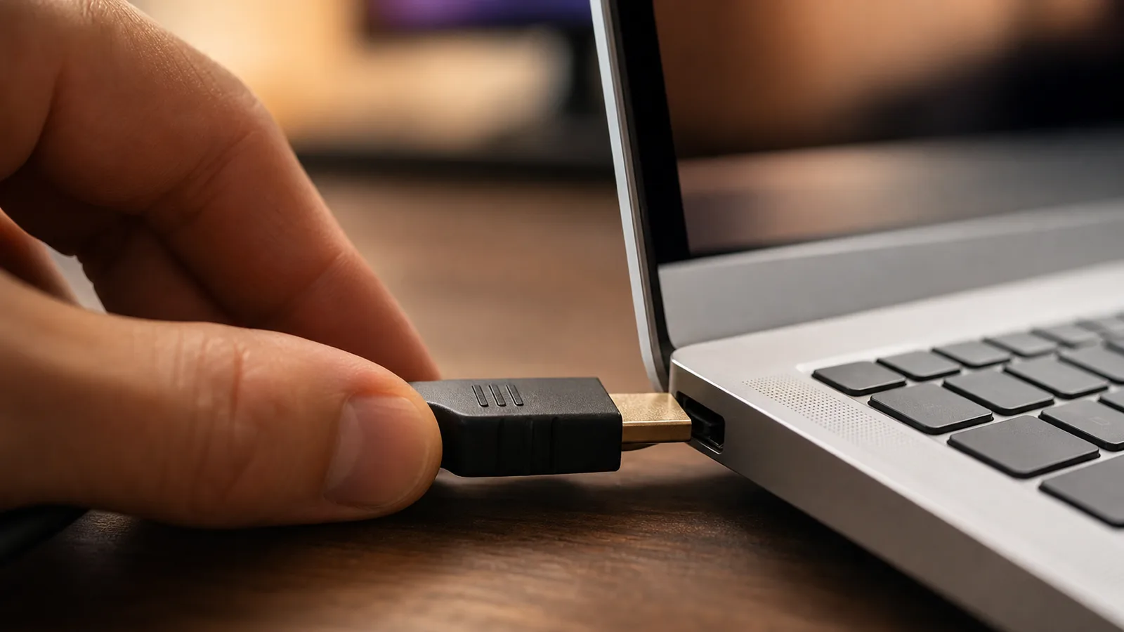 맥북 프로 옆면 HDMI 포트에 케이블을 연결하는 손과 뒤로 흐릿하게 보이는 외부 모니터 디스플레이 설정 화면
