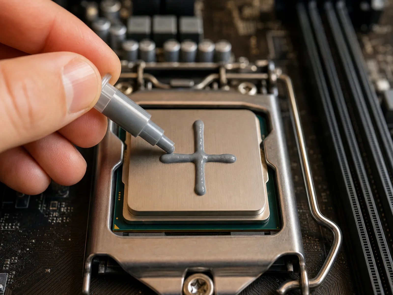 일반 데스크탑 CPU 위에 회색 써멀 페이스트를 십자 모양으로 바르는 손을 클로즈업한 일러스트